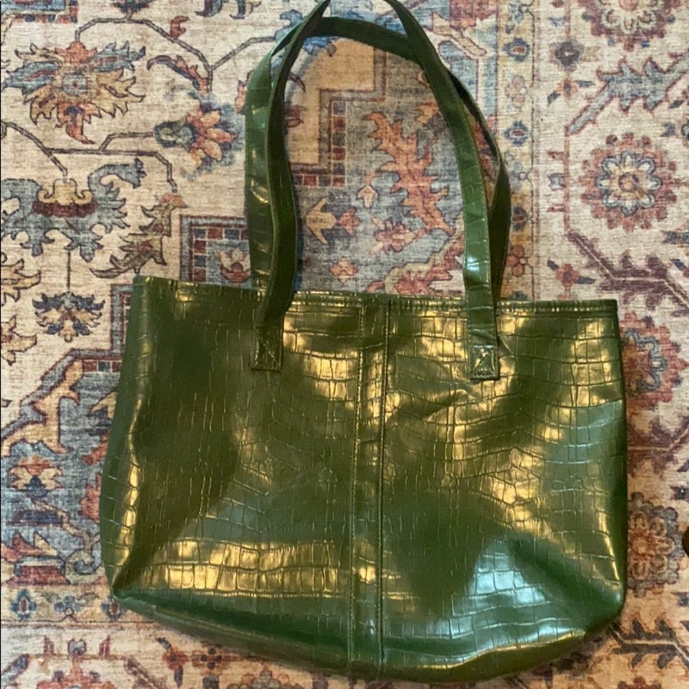 Jade green faux crocodile tote bag